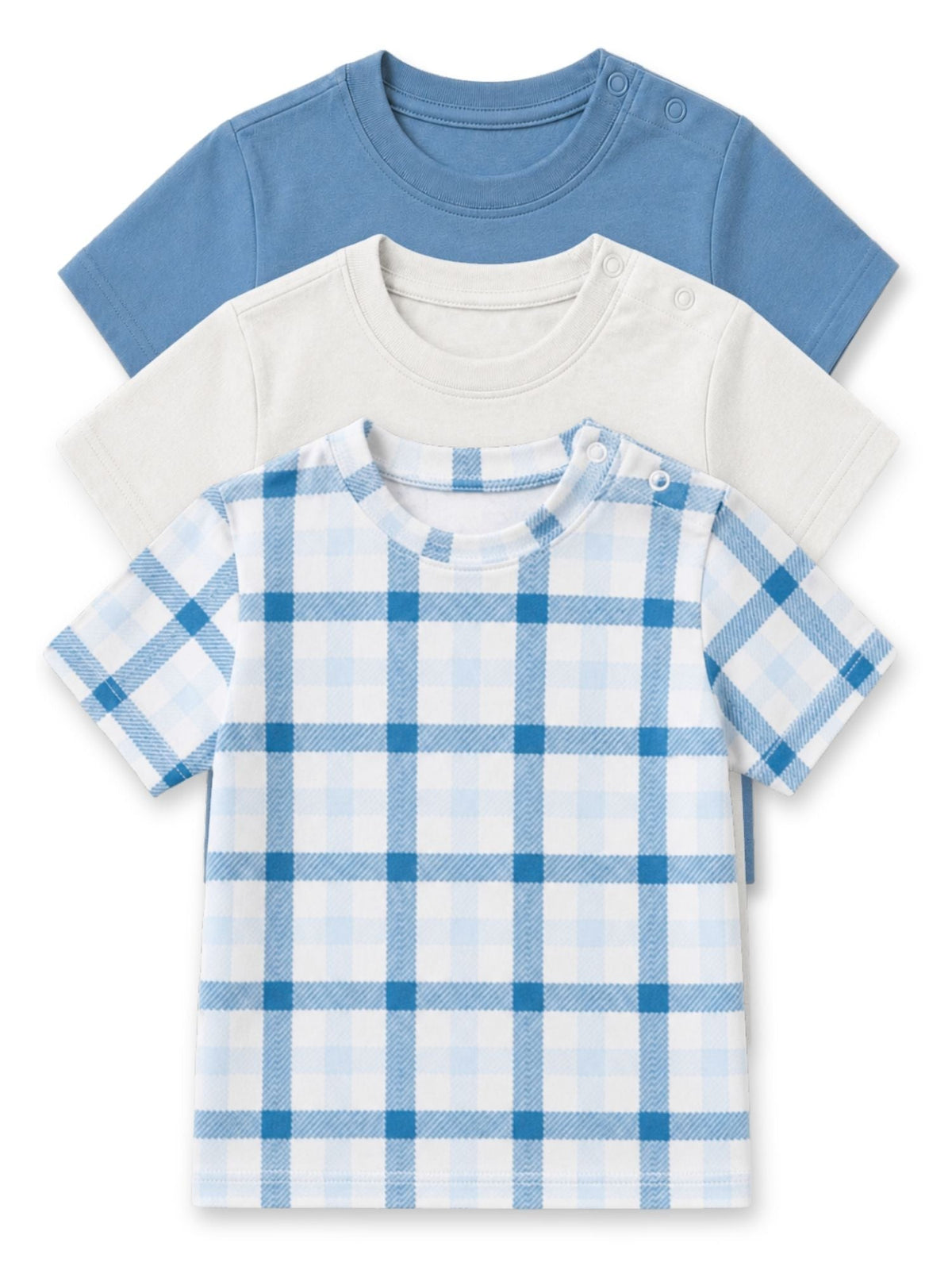 bamboo knit short sleeve t-shirt pack of 3 - blue gingham & cloud dancer & blue shadow