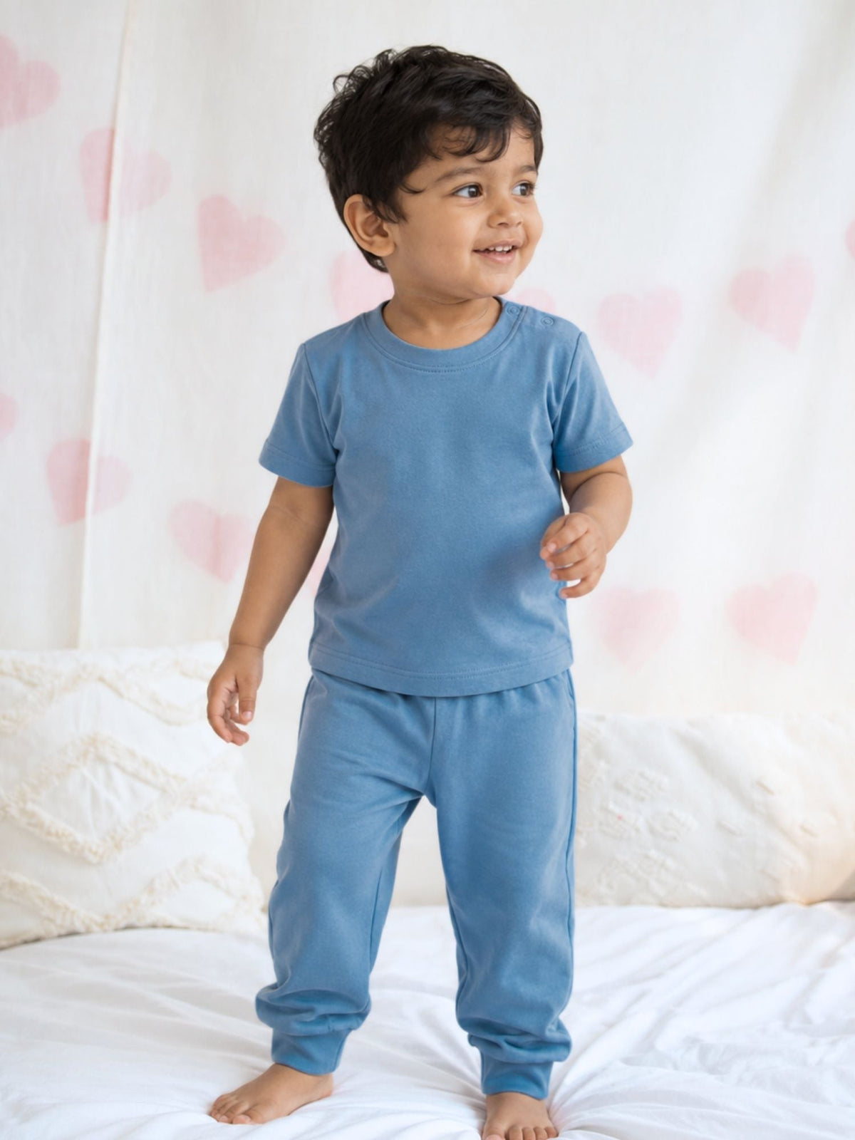 bamboo knit short sleeve t-shirt pack of 3 - blue gingham & cloud dancer & blue shadow