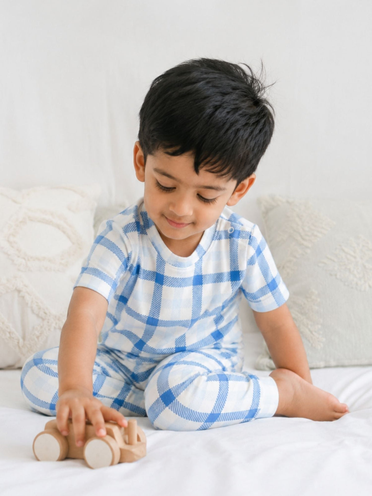 bamboo knit short sleeve t-shirt pack of 3 - blue gingham & cloud dancer & blue shadow