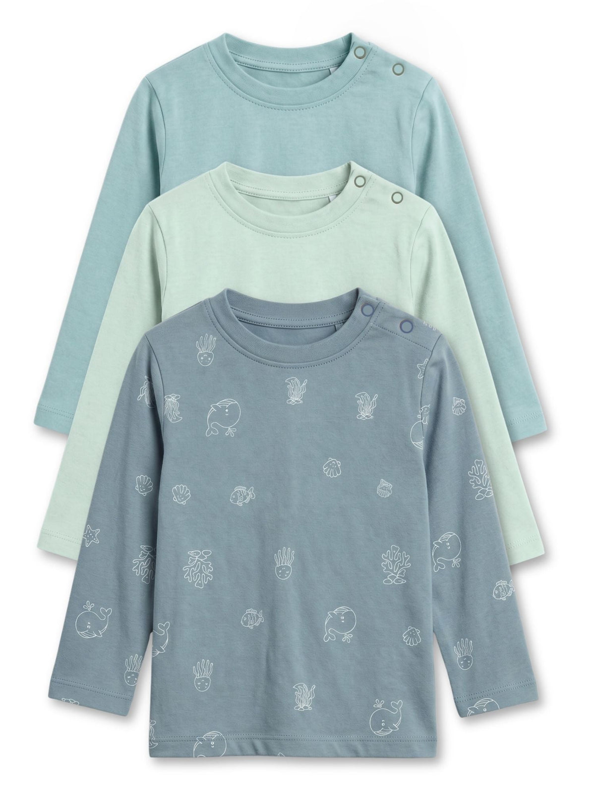 bamboo long sleeve t-shirt pack of 3 - aqua buddies & blue glass & cloud blue