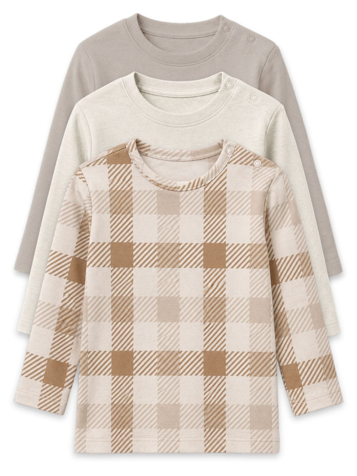 bamboo long sleeve t-shirt pack of 3 - brown gingham & oatmeal & string