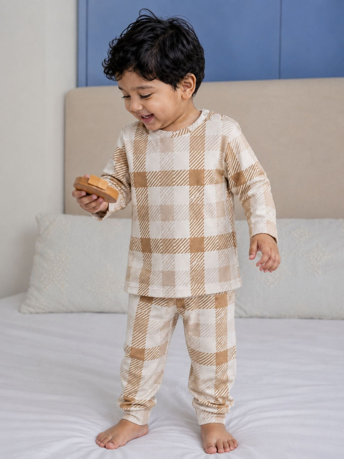 bamboo long sleeve t-shirt pack of 3 - brown gingham & oatmeal & string