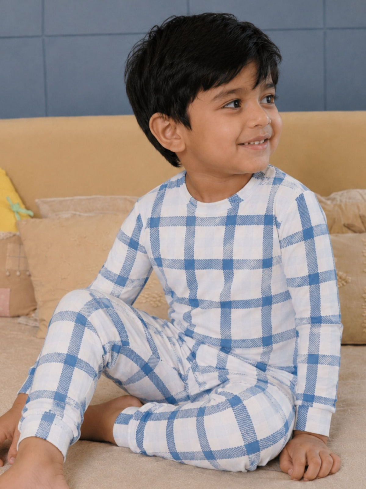 bamboo knit pajamas pack of 3 - blue gingham & cloud dancer & blue shadow