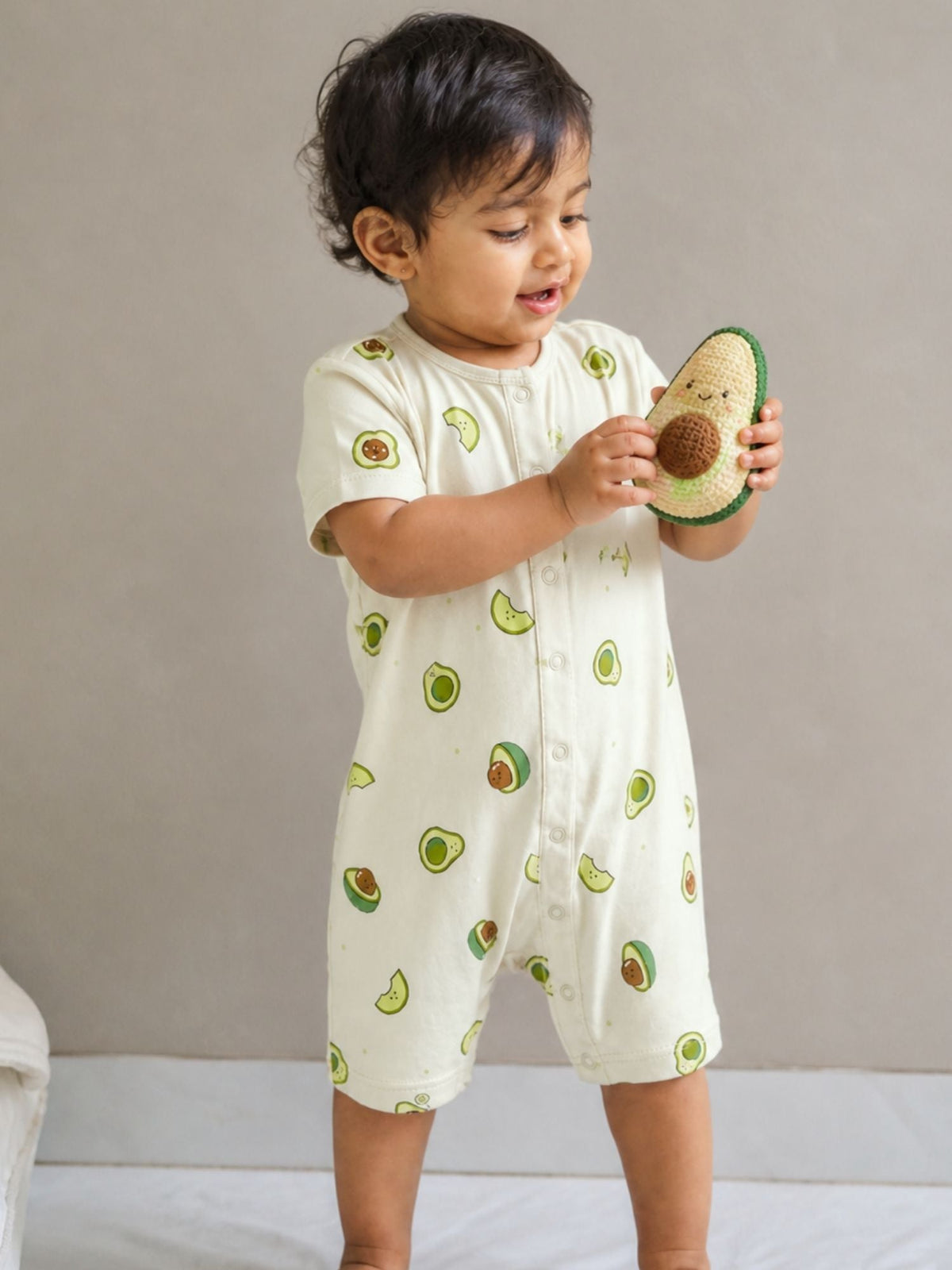 short sleeve bamboo knit romper with snap buttons - avocado