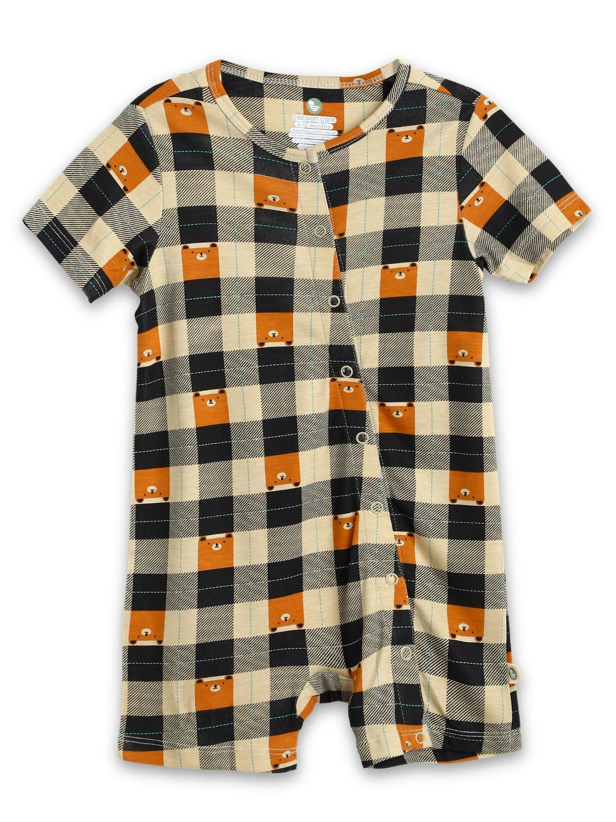 short sleeve bamboo knit romper with snap buttons - blackchecks