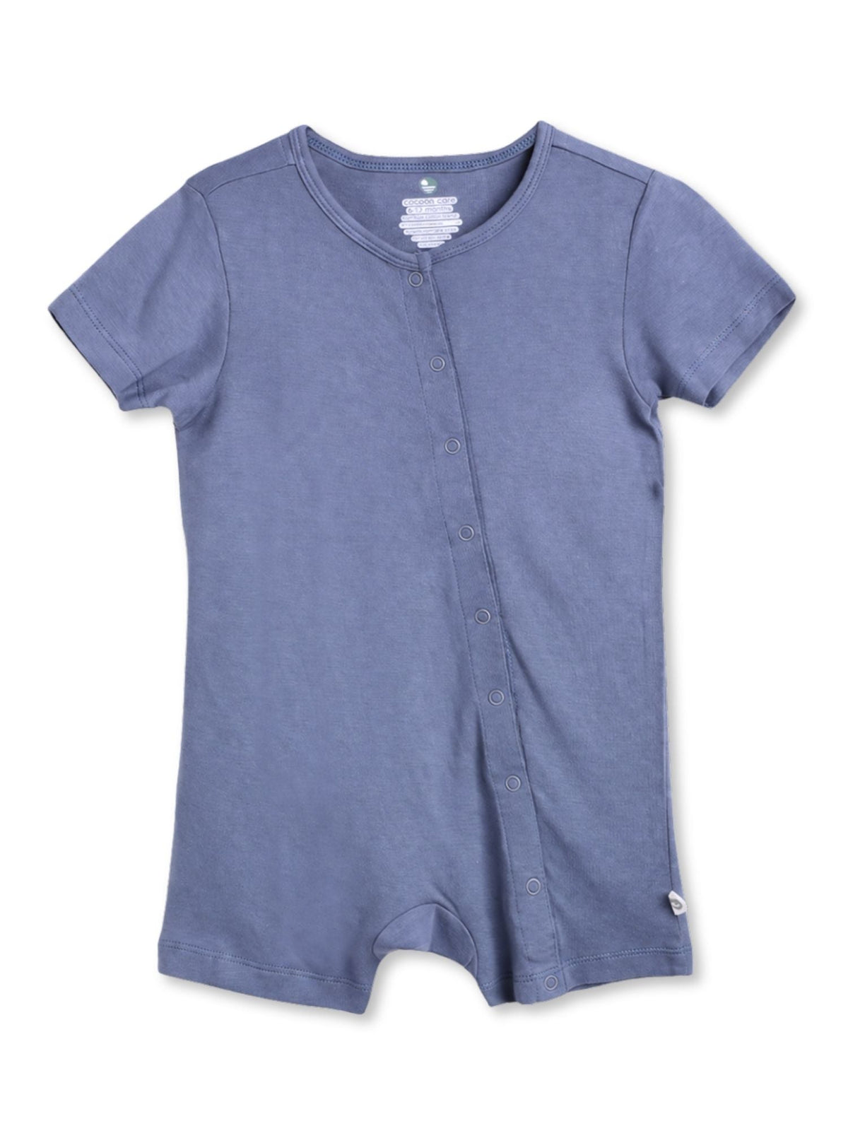 short sleeve bamboo knit romper with snap buttons - blue granite