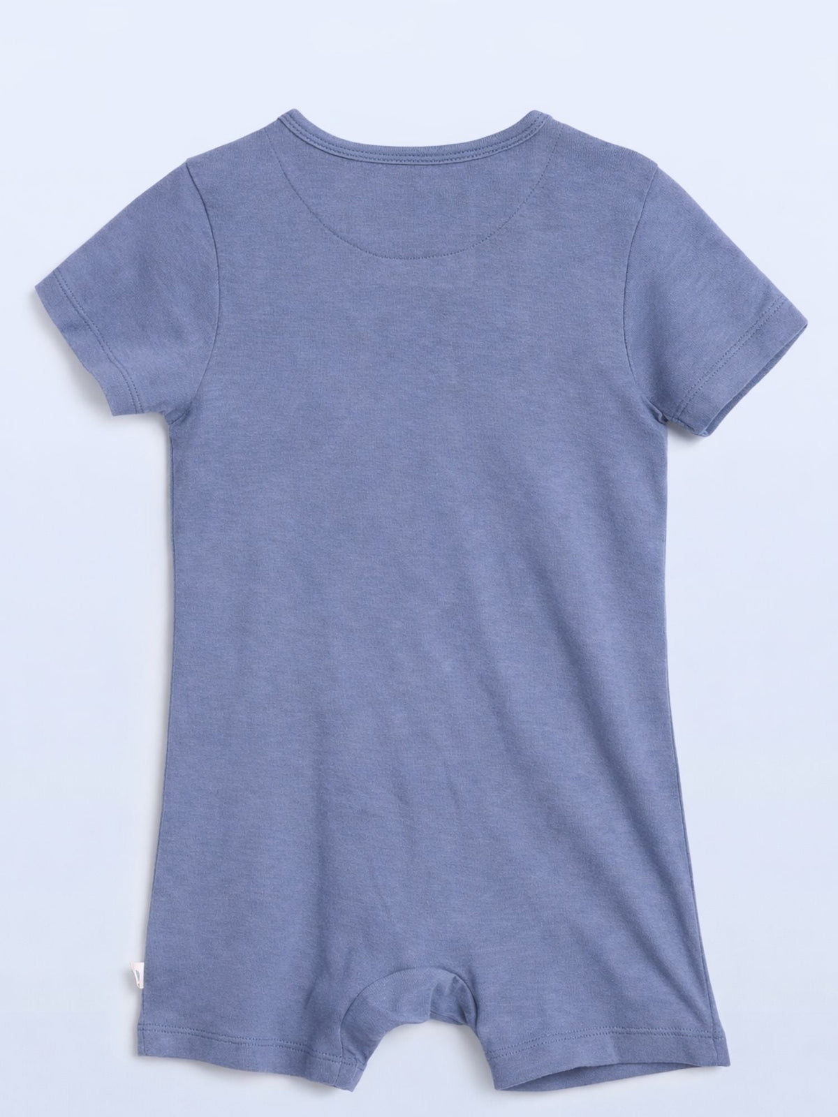 short sleeve bamboo knit romper with snap buttons - blue granite