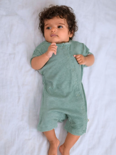 short sleeve bamboo knit romper with snap buttons