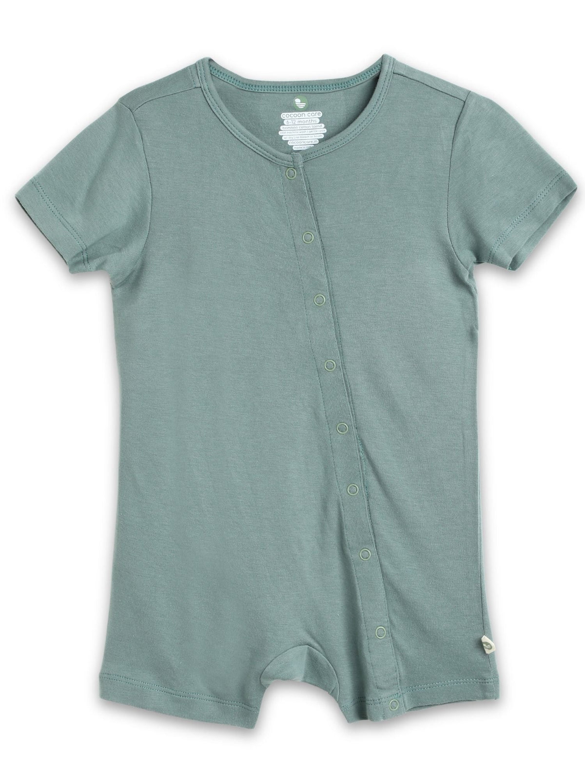 short sleeve bamboo knit romper with snap buttons - chinois green