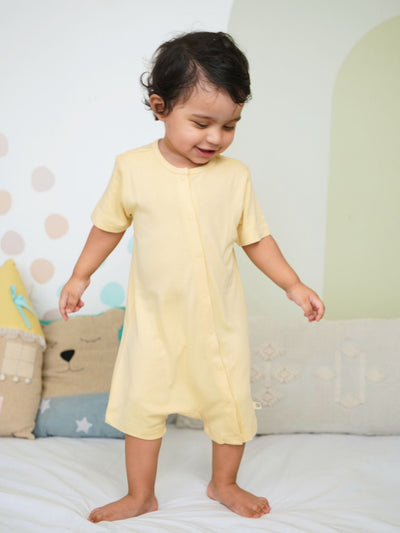 short sleeve bamboo knit romper with snap buttons