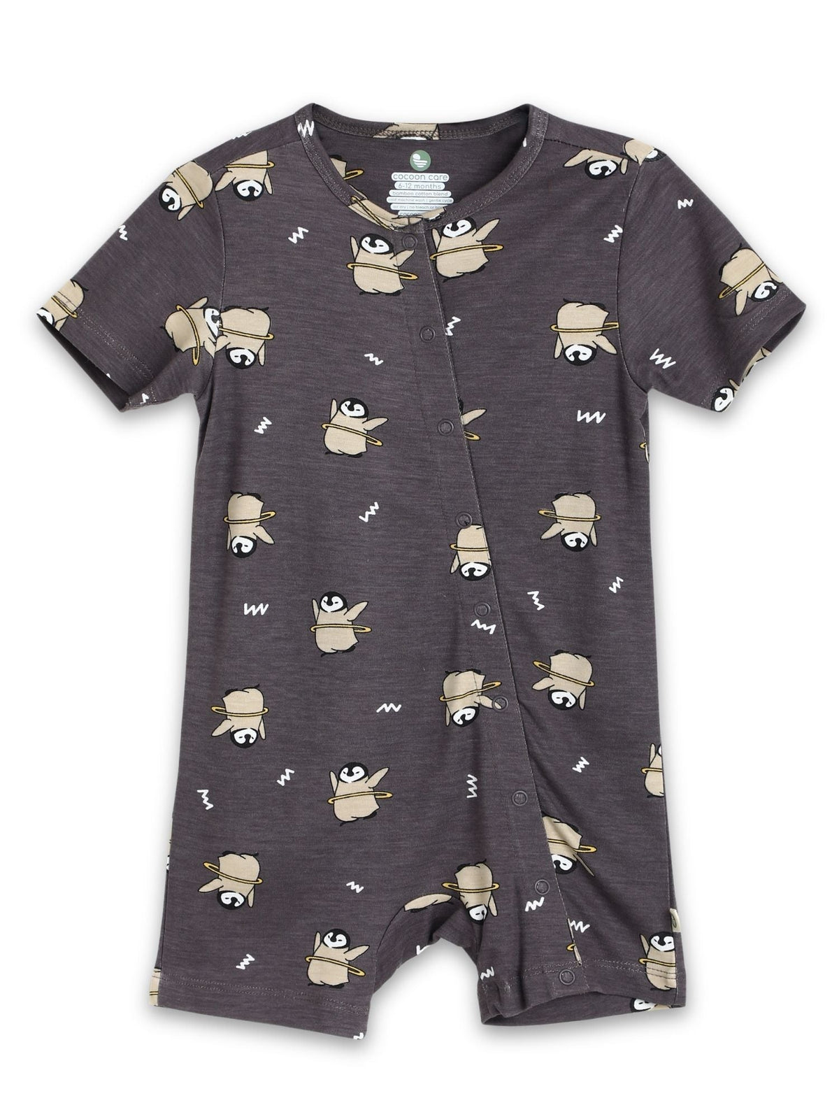 short sleeve bamboo knit romper with snap buttons - midnight penguin