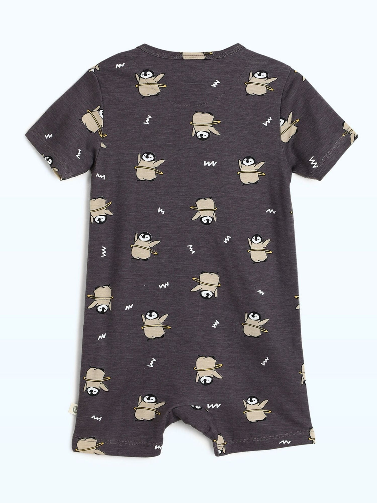 short sleeve bamboo knit romper with snap buttons - midnight penguin