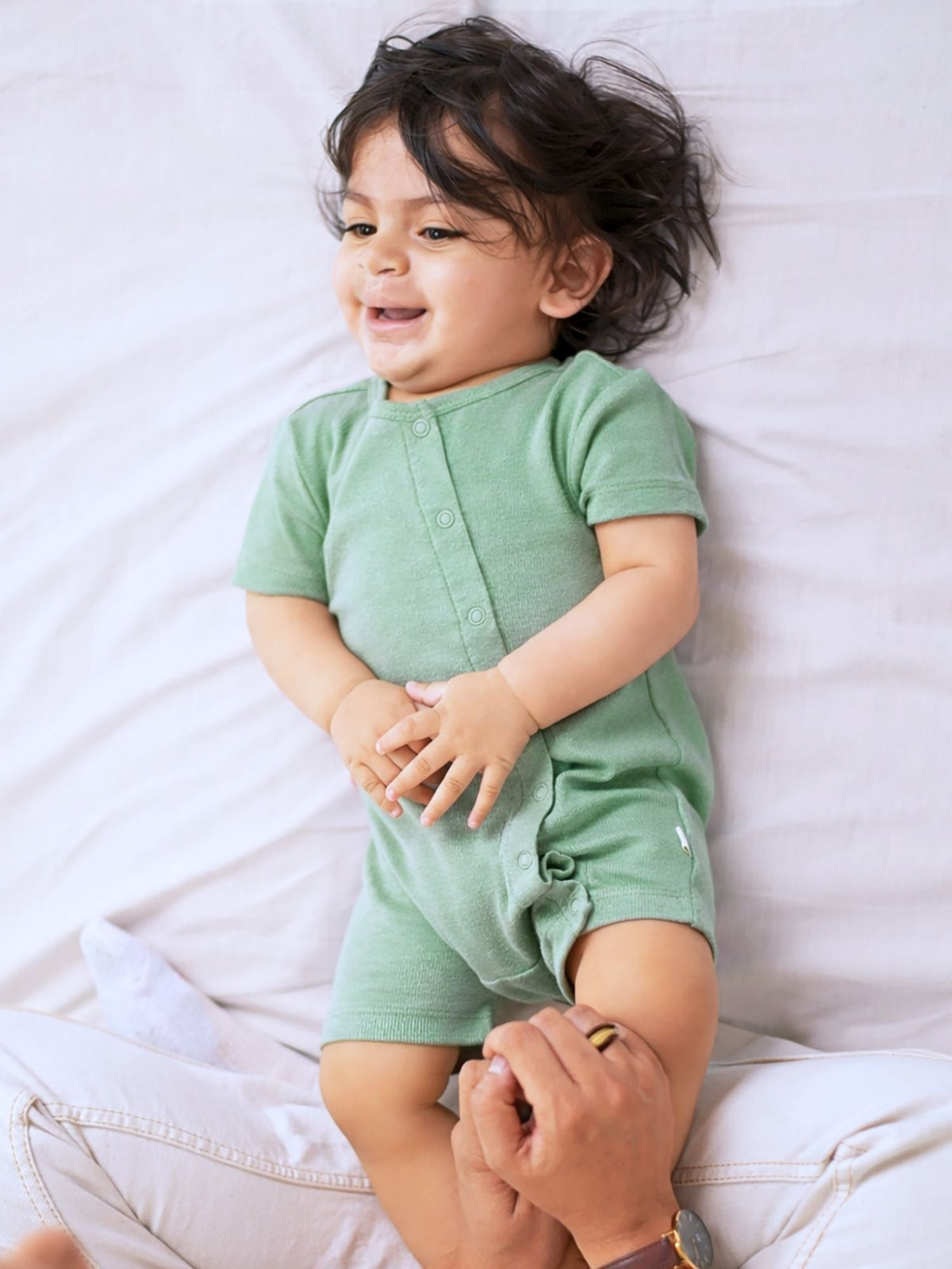 short sleeve bamboo knit romper with snap buttons - sage green