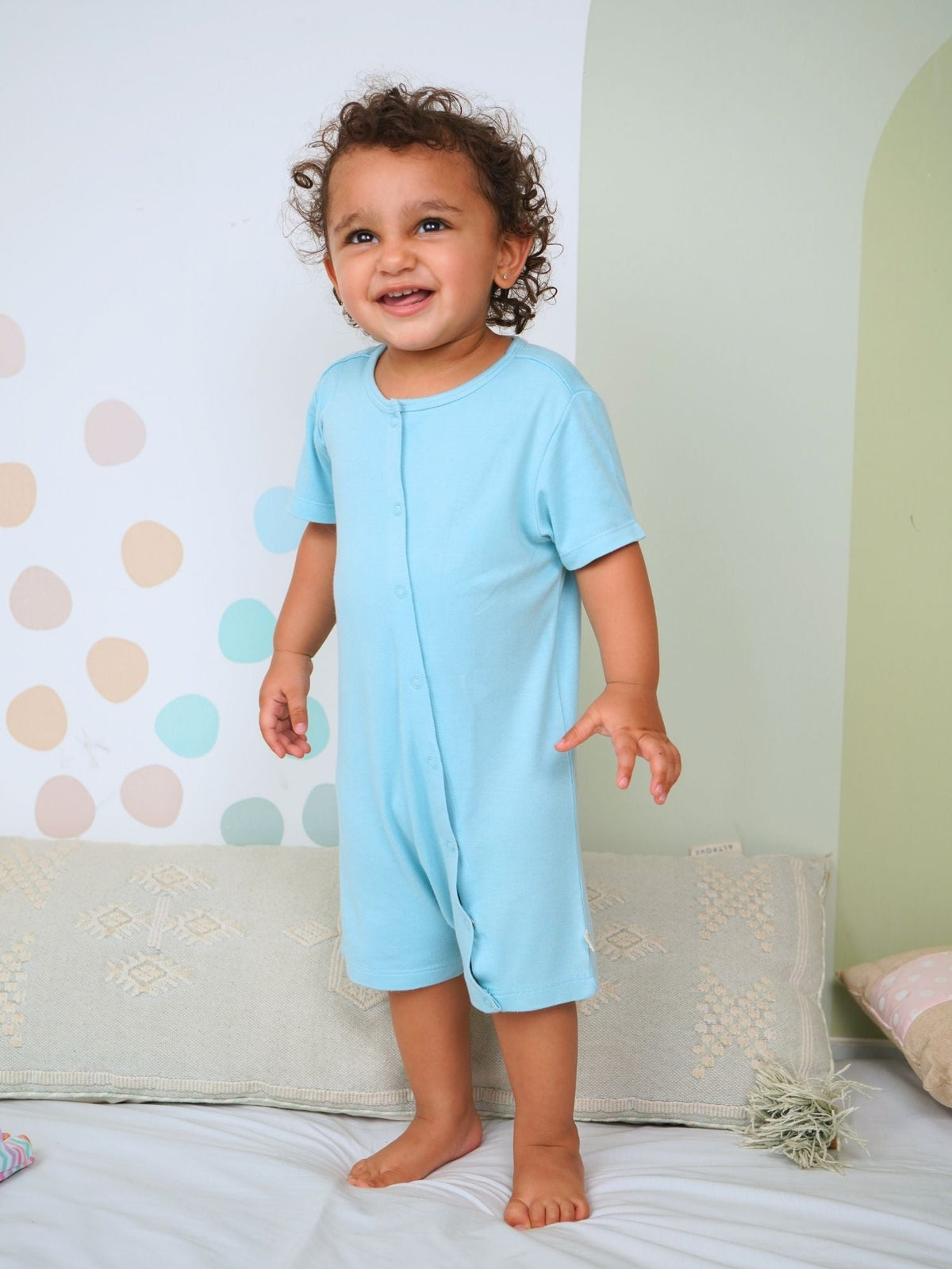 short sleeve bamboo knit romper with snap buttons - strato